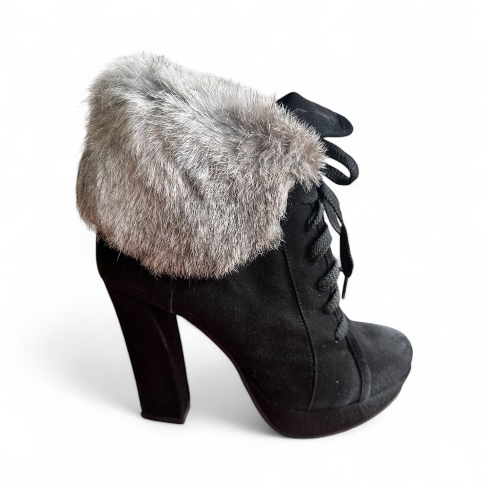 Elegant Black Heeled Boots with Faux Fur Trim